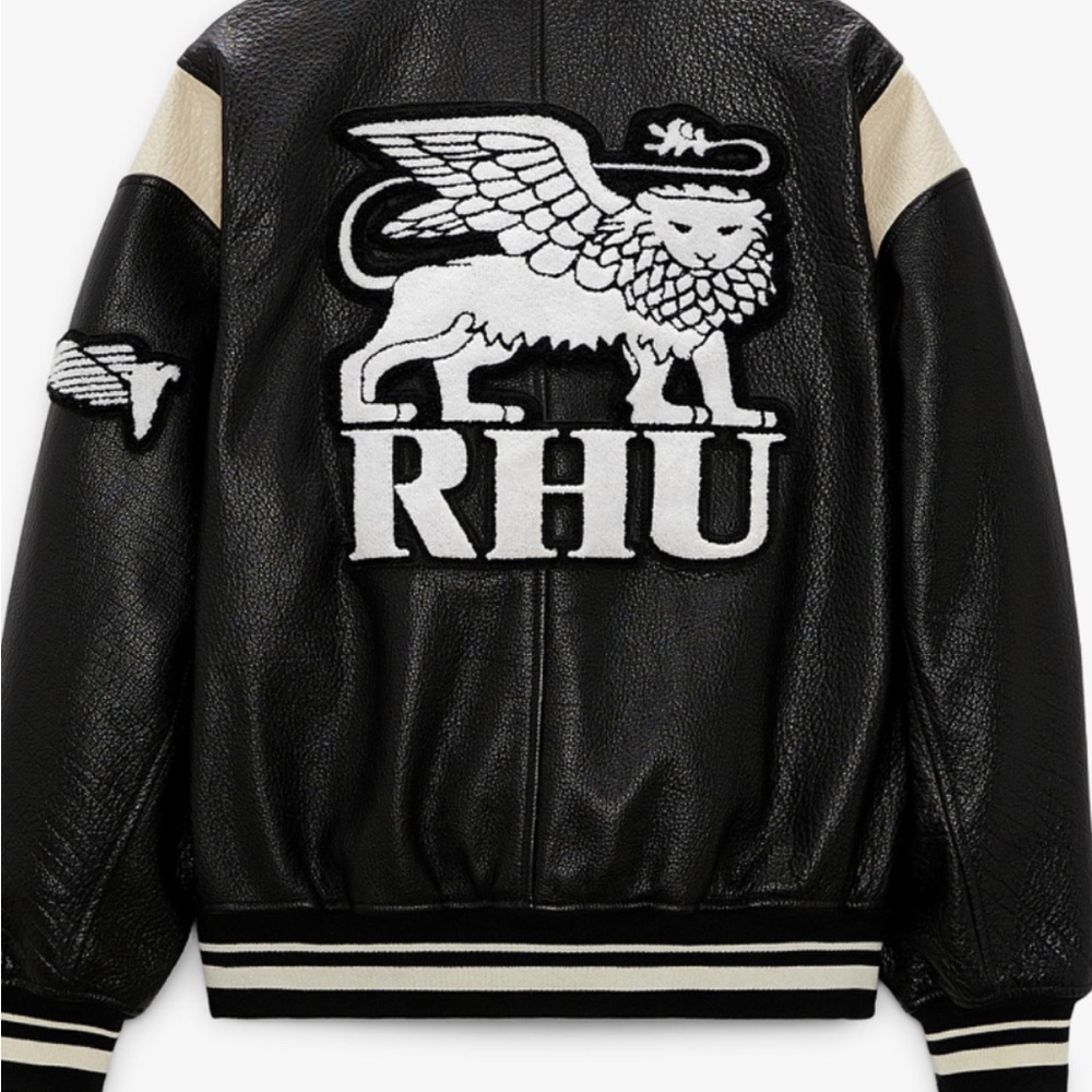 RHU Black and White Varsity Bomber Leather Jacket with Graphic Design